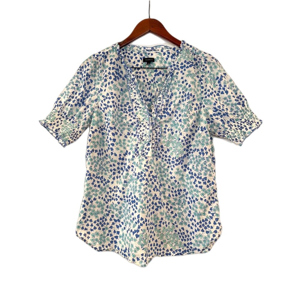 Talbots Lovely Floral Ruffle Top Blue Ditzy Print Large Short Sleeves Popover - Picture 5 of 8